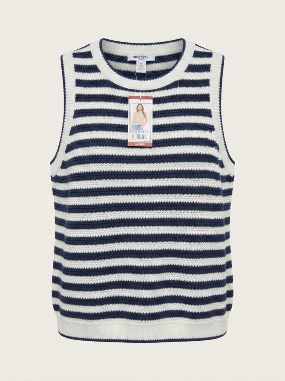 Nine West Jeans Women XL Blue White Striped Crochet Knit Tank Top NWT